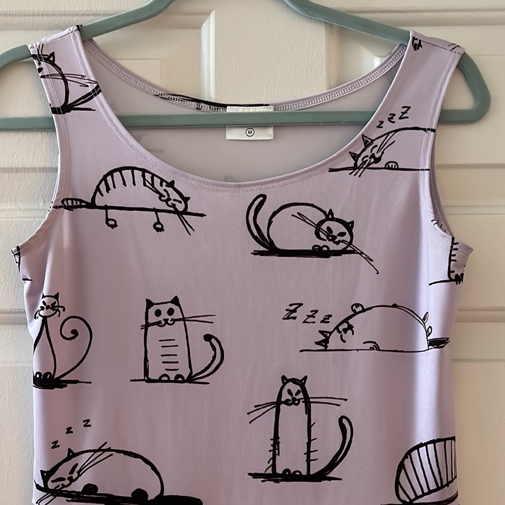 Cow Cow midi dress - light lavender w/a kitty cat print